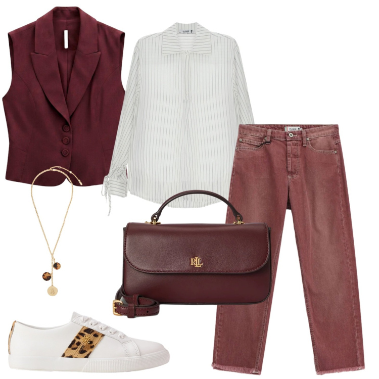 Outfit donna - Pranzo informale. Stile Casual per Tutti i giorni. Abbinamento con gilet, jeans dritti, camicie, collane, sneakers, borse a mano.