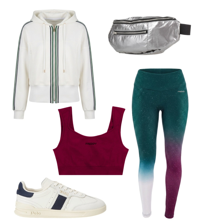 Outfit donna - Allenamento della domenica. Stile Casual per Sport. Abbinamento con marsupi, felpe sportive, top sportivi, leggings sportivo, sneakers.