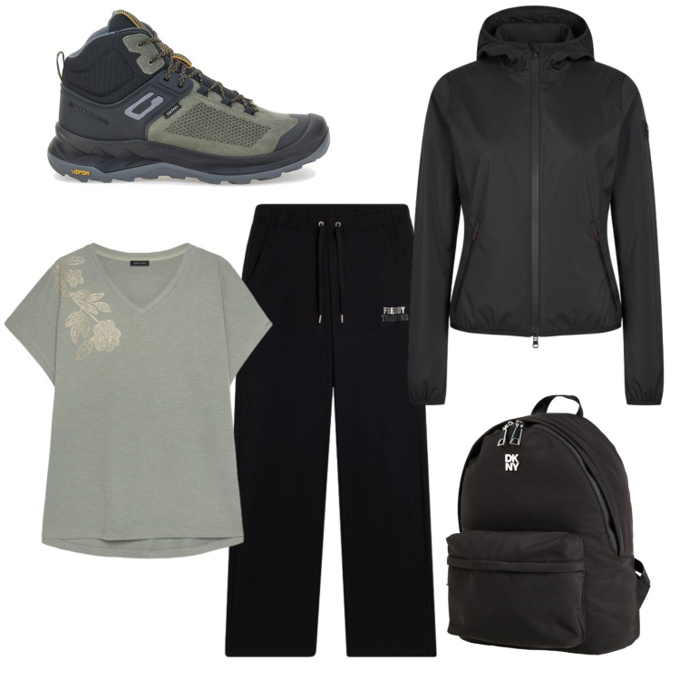 Outfit donna - Escursione in montagna. Stile Casual per Sport. Abbinamento con zaini, pantaloni sportivi, t-shirt, giacche sportive, scarpe sportive.