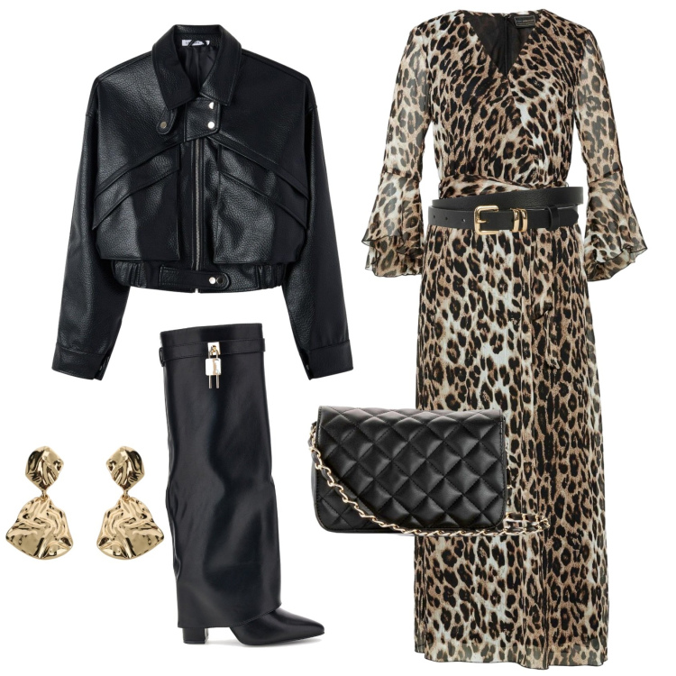 Outfit donna - Look "Wild & Glam". Stile Glamour per Serata fuori. Abbinamento con cinture, vestiti lunghi, borse a tracolla, orecchini, bomber, stivali sopra il ginocchio.