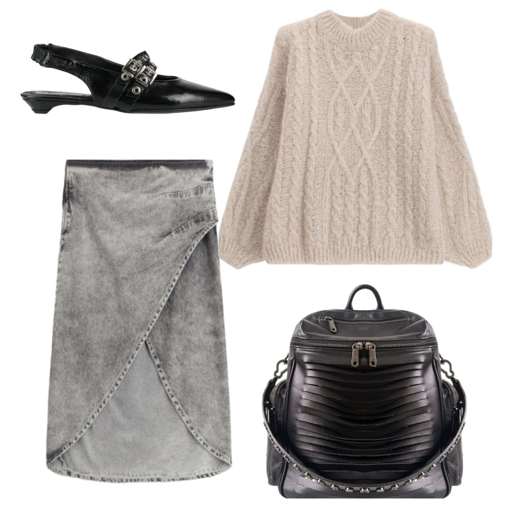 Outfit donna - Giornata informale. Stile Casual per Tutti i giorni. Abbinamento con ballerine, gonne longuette, maglieria, zaini.