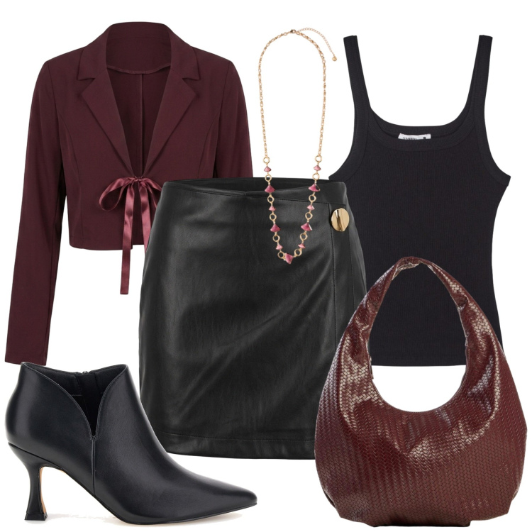 Outfit donna - La gonna a portafoglio. Stile Glamour per Tutti i giorni. Abbinamento con borse a spalla, canottiere, collane, minigonne, blazer, stivaletti.
