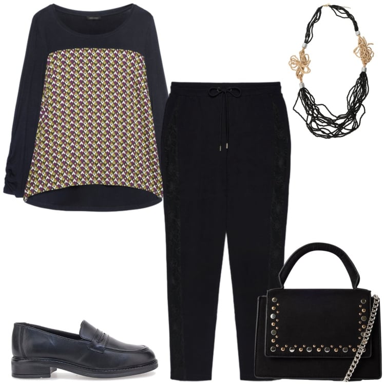 Outfit donna - Total look #2468836. Stile Casual chic per Ufficio. Abbinamento con collane, borse a tracolla, t-shirt, pantaloni, mocassini.