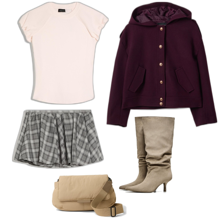 Outfit mujer - Preppy #529. Estilo Preppy para Todos los días. Combinación con botas, camiseta, mochilas, faldas, blazers.