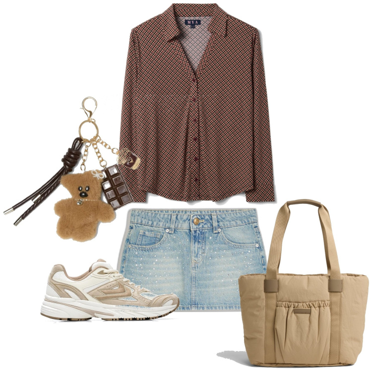 Outfit mujer - Preppy #530. Estilo Preppy para Todos los días. Combinación con faldas, colgantes, bolso shopper, sneakers, camisas.