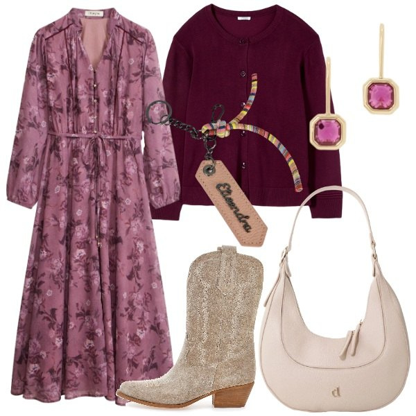 Outfit donna - Total look #2468841. Stile Boho per Tutti i giorni. Abbinamento con vestiti chemisier, borse a tracolla, cardigans, portachiavi, orecchini, stivaletti texani.