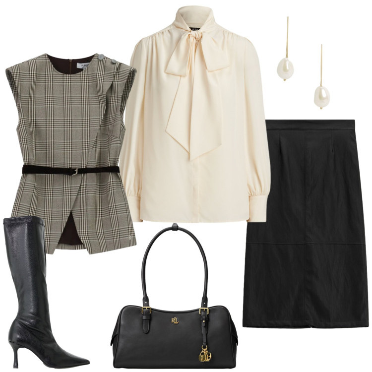 Outfit donna - Il gilet lungo e gli stivali. Stile Chic per Serata fuori. Abbinamento con stivali, gonne longuette, gilet, camicie, borse a mano, orecchini.