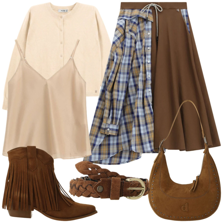 Outfit donna - Total look #2468845. Stile Etnico per Tutti i giorni. Abbinamento con stivaletti texani, gonne longuette, borse a spalla, top, cinture, cardigans.