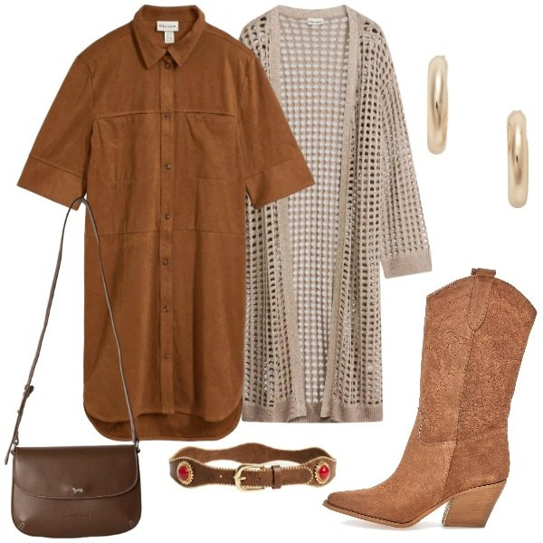 Outfit donna - Total look #2468846. Stile Boho per Tutti i giorni. Abbinamento con vestiti chemisier, cardigans, borse a tracolla, cinture, orecchini, stivaletti texani.