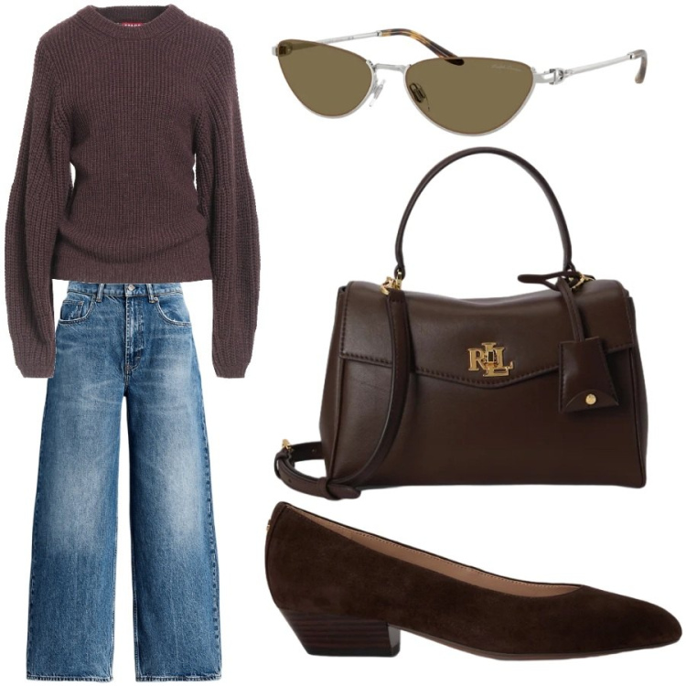 Outfit donna - 🤎 Brown🤎. Stile Casual chic per Tutti i giorni. Abbinamento con pullovers, jeans, occhiali da sole, borse a mano, ballerine.