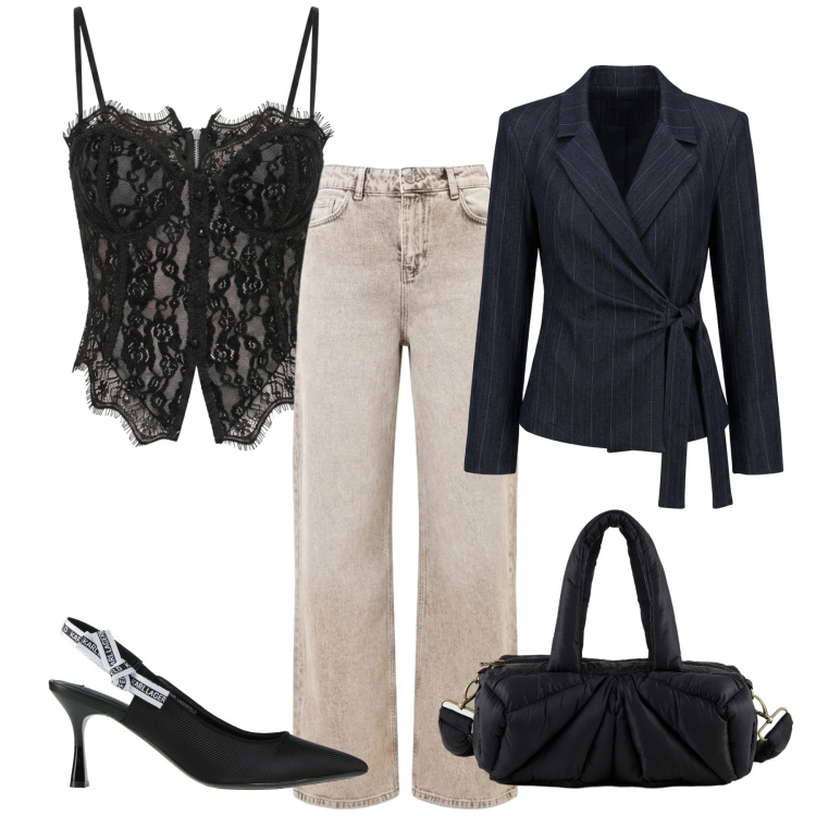 Outfit donna - Total look #2468849. Stile Bon Ton per Serata fuori. Abbinamento con décolleté, top, jeans dritti, borse a mano, blazer.