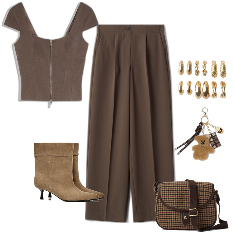 Outfit mujer - Chic #8415. Estilo Chic para Oficina. Combinación con pantalones, pendientes, colgantes, botas, mochilas, top.