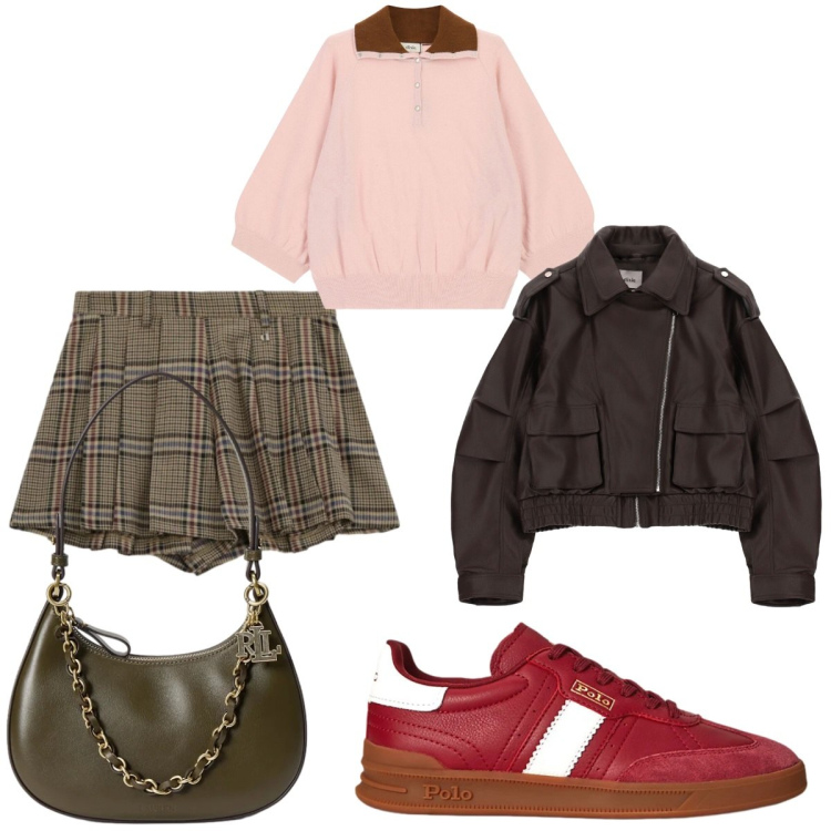 Outfit donna - Tartan & Fall Colors. Stile Preppy per Tutti i giorni. Abbinamento con pantaloni corti, giacche, maglieria, borse a spalla, sneakers.