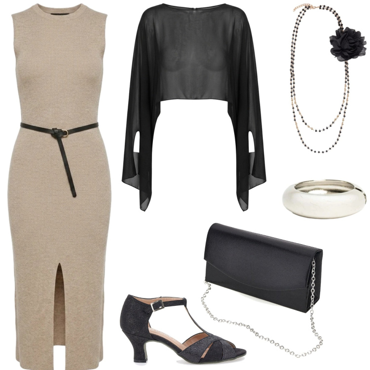 Outfit donna - Spritz settembrino. Stile Glamour per Serata fuori. Abbinamento con collane, vestiti midi/longuette, braccialetti, vestiti corti, borse a tracolla, décolleté.