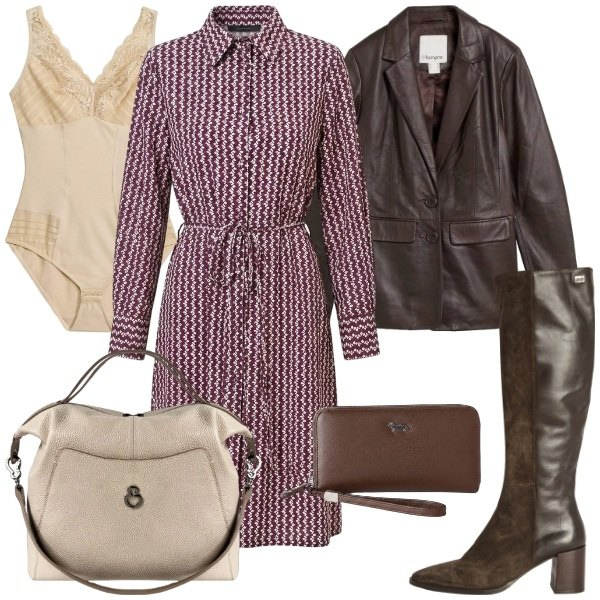 Outfit donna - Total look #2468854. Stile 70s per Tutti i giorni. Abbinamento con body, blazer, stivali, portafogli, vestiti chemisier, borse a mano.