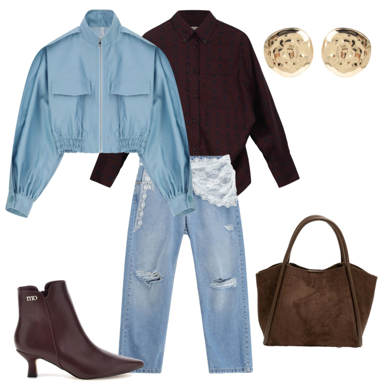 Outfit donna - Aperitivo Settembrino. Stile Trendy per Serata fuori. Abbinamento con bomber, orecchini, camicie, jeans strappati, borse a spalla, stivaletti.