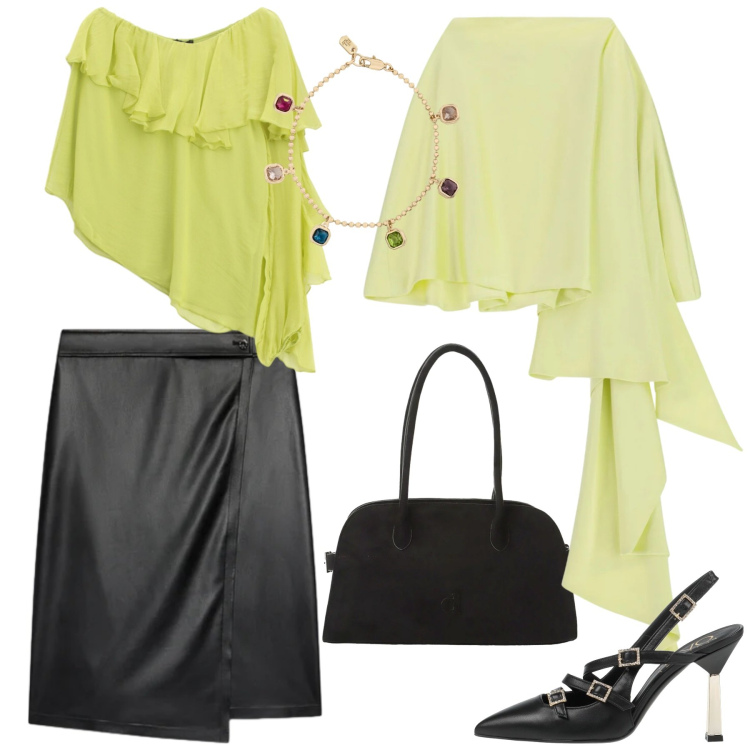 Outfit donna - Aperitivo con le amiche dopo le vacanze. Stile Chic per Serata fuori. Abbinamento con décolleté, scialli, borse a spalla, bluse, gonne longuette, braccialetti.
