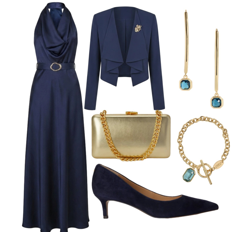 Outfit donna - Blu e oro. Stile Chic Abbinamento con blazer, vestiti lunghi, clutch, décolleté, braccialetti, orecchini.