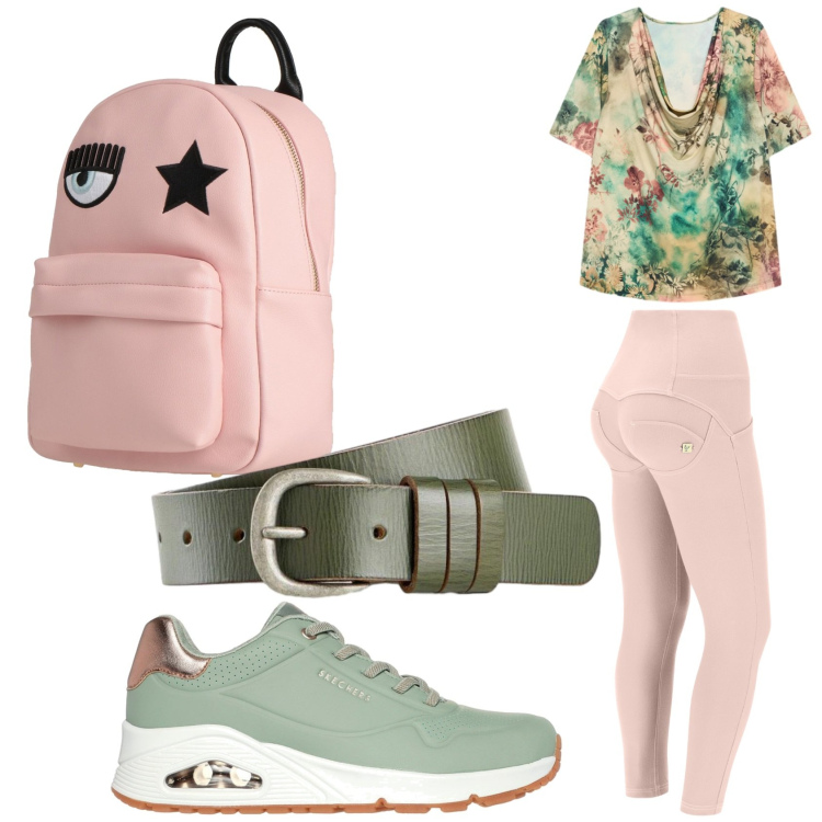 Outfit donna - Sporty chic in rosa e verde. Stile Basic per Tutti i giorni. Abbinamento con zaini, cinture, pantaloni skinny, bluse, sneakers.