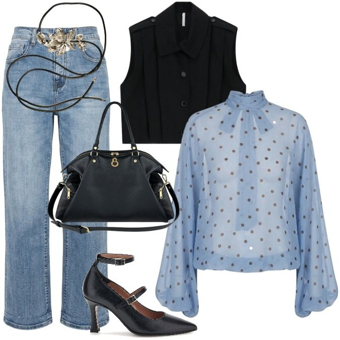 Outfit donna - Serate di fine estate - Settembre. Stile Trendy per Serata fuori. Abbinamento con gilet, shopping bag, bluse, cinture, jeans, décolleté.