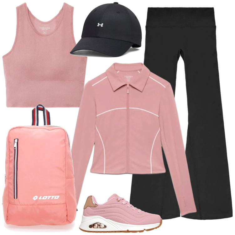 Outfit donna - In palestra. Stile Sporty chic per Sport. Abbinamento con felpe sportive, top sportivi, leggings sportivo, sneakers alte, zaini, cappelli con visiera.