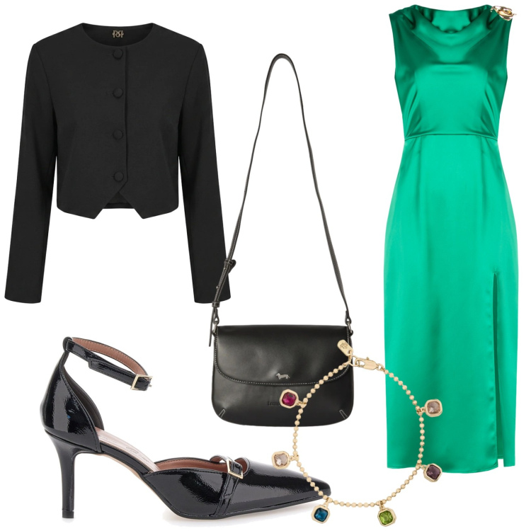 Outfit donna - Cerimonia in verde smeraldo. Stile Bon Ton per Cerimonia. Abbinamento con borse a tracolla, vestiti midi/longuette, blazer, braccialetti, décolleté.