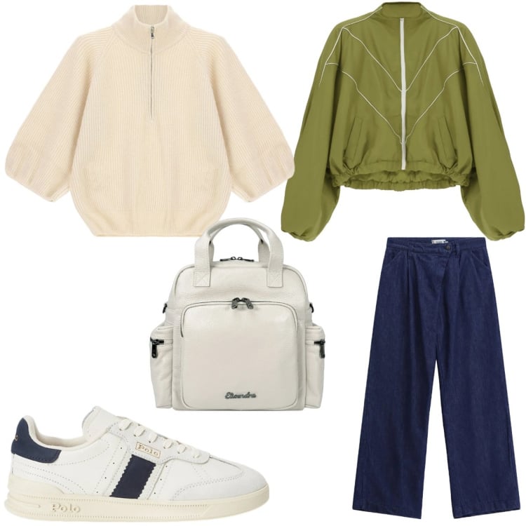 Outfit donna - Chic Urban Layering. Stile Casual chic per Tutti i giorni. Abbinamento con bomber, maglieria, jeans, zaini, sneakers.