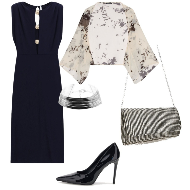 Outfit donna - cena romantica. Stile Chic per Serata fuori. Abbinamento con vestiti midi/longuette, braccialetti, bolero, pochette, décolleté.