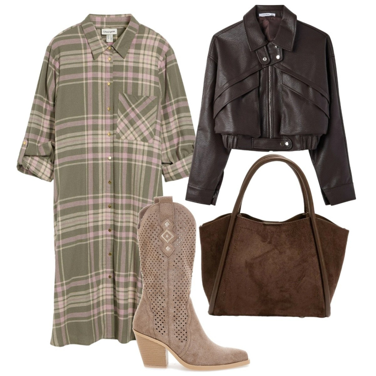 Outfit donna - La stagione di mezzo. Stile Trendy per Tutti i giorni. Abbinamento con borse a spalla, bomber, vestiti chemisier, stivaletti texani.