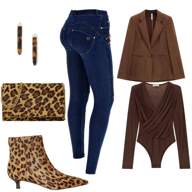 Outfit donna - Leopard glam e shoping demin. Stile Urban per Tutti i giorni. Abbinamento con jeans skinny, blazer, body, borse a tracolla, stivaletti, orecchini.