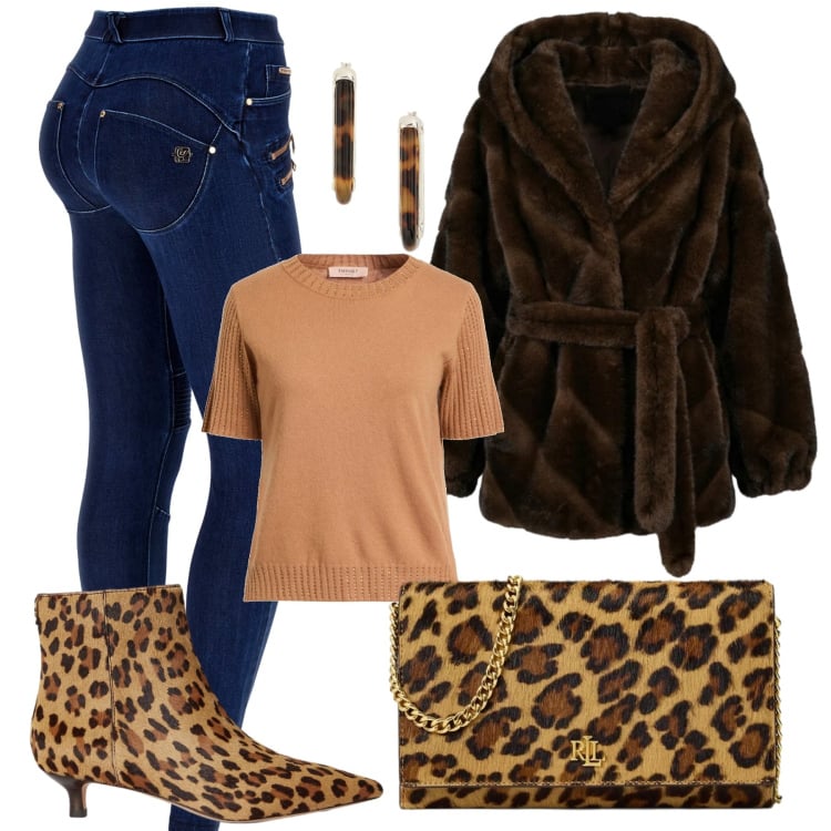 Outfit donna - Maculato. Stile Trendy per Tutti i giorni. Abbinamento con pullovers, jeans skinny, cappotti, borse a tracolla, stivaletti, orecchini.