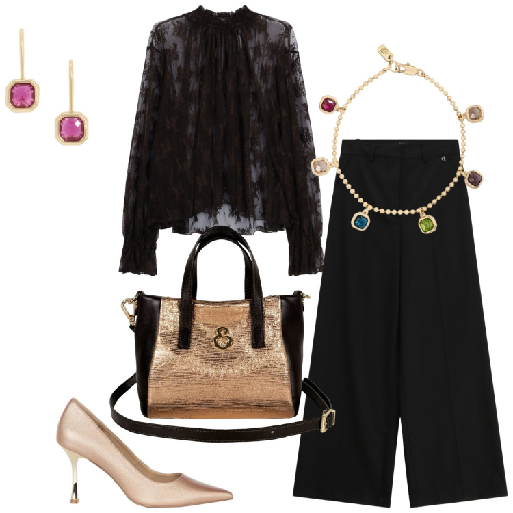 Outfit donna - Total look #2468877. Stile Bon Ton Abbinamento con bluse, pantaloni a palazzo, décolleté, borse a mano, orecchini, braccialetti.