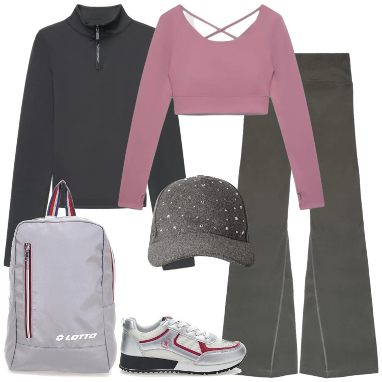 Outfit donna - Active in grey&rose. Stile Sporty chic per Sport. Abbinamento con cappelli con visiera, t-shirt sportive, leggings sportivo, t-shirt sportive, zaini, sneakers.