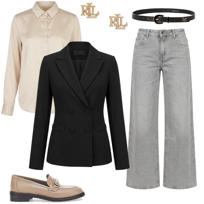 Outfit donna - Smart Ufficio Comfort con eleganza. Stile Chic per Ufficio. Abbinamento con cinture, jeans a zampa, blazer, camicie, orecchini, mocassini.