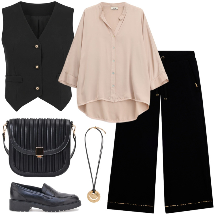 Outfit donna - Il gilet a settembre. Stile Casual chic per Tutti i giorni. Abbinamento con camicie, borse a tracolla, gilet, pantaloni, ciondoli, mocassini.