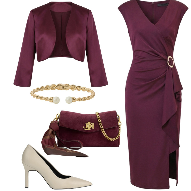 Outfit donna - Total look #2468881. Stile Chic per Cerimonia. Abbinamento con décolleté, vestiti midi/longuette, bolero, borse a tracolla, braccialetti.