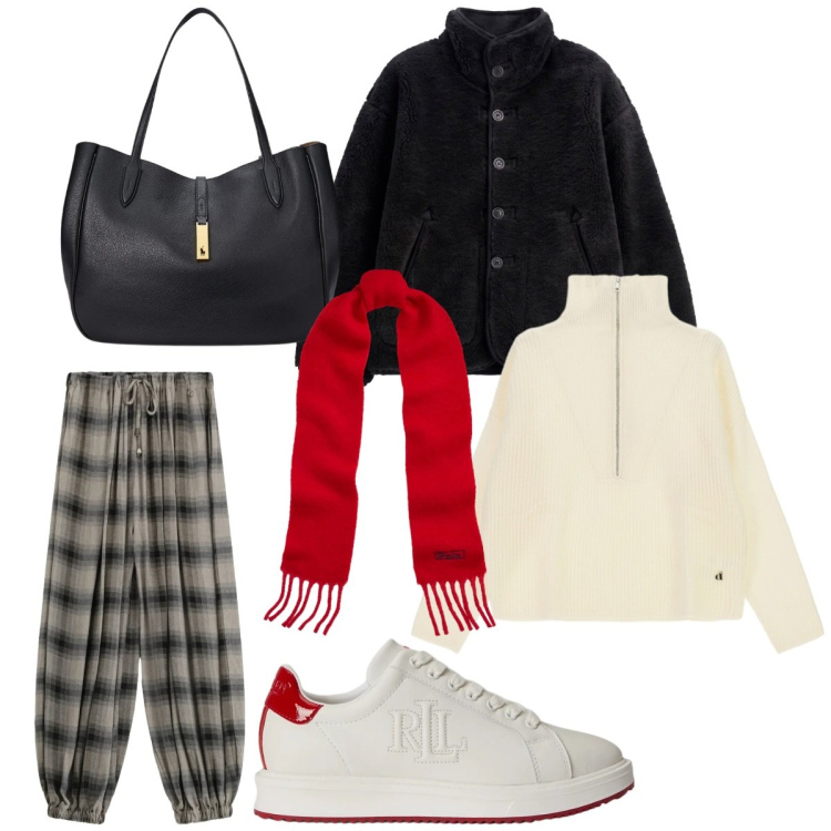 Outfit donna - Tartan & Fall Colors. Stile Casual chic per Tutti i giorni. Abbinamento con pantaloni, maglieria, blazer, borse tote, sneakers, sciarpe.