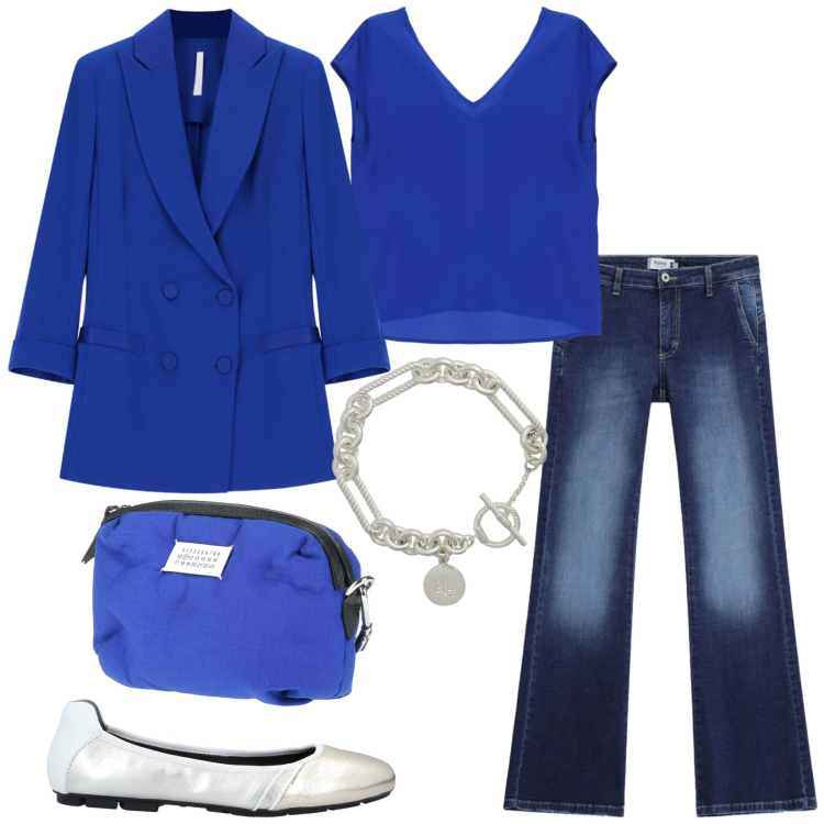 Outfit donna - Total look #2468884. Stile Casual chic per Ufficio. Abbinamento con ballerine, marsupi, blazer, top, jeans, braccialetti.