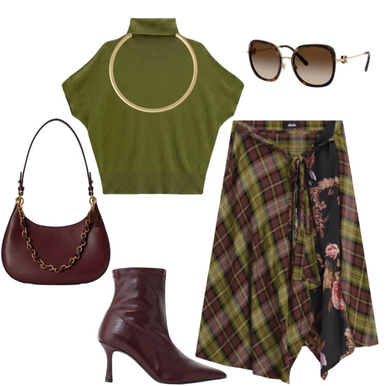 Outfit donna - Tartan contemporaneo. Stile Trendy per Tutti i giorni. Abbinamento con t-shirt, stivaletti, gonne longuette, collane, occhiali da sole, borse a spalla.