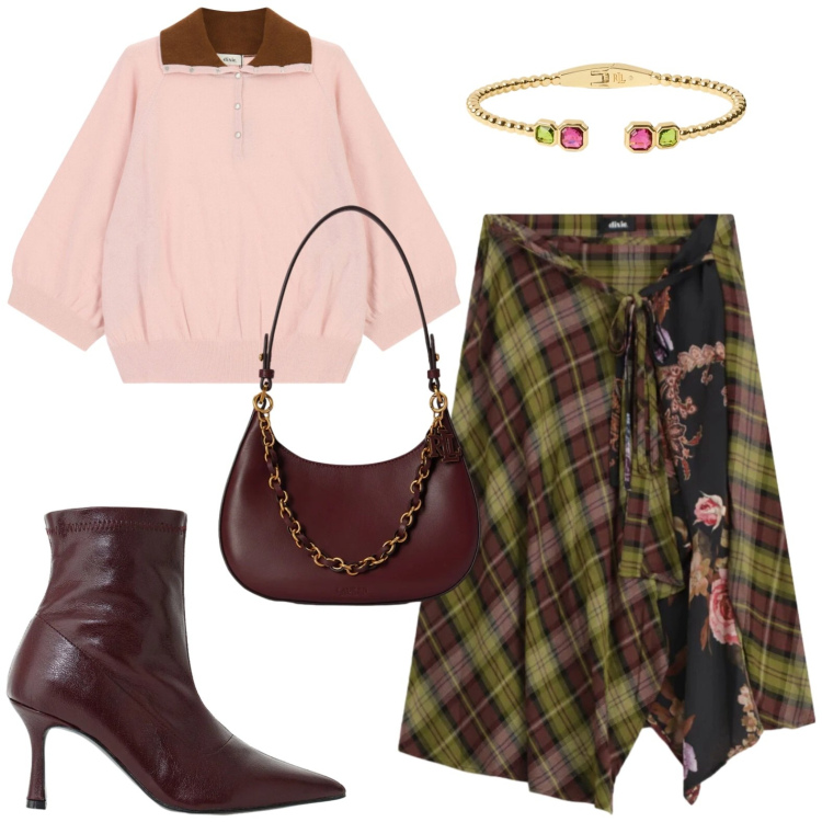 Outfit donna - Fall. Stile Casual per Tutti i giorni. Abbinamento con stivaletti, gonne longuette, maglieria, borse a spalla, braccialetti.