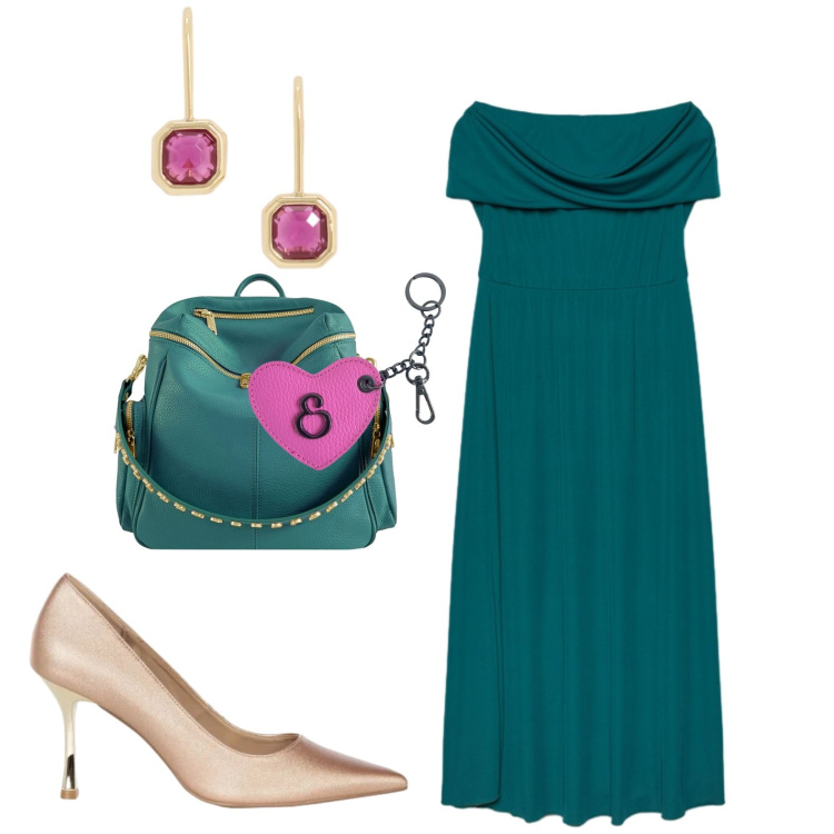 Outfit donna - Sera fine estate. Stile Chic per Serata fuori. Abbinamento con décolleté, vestiti lunghi, zaini, portachiavi, orecchini.