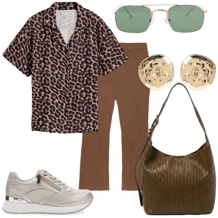 Outfit donna - Total look #2468888. Stile Casual chic per Tutti i giorni. Abbinamento con camicie, occhiali da sole, orecchini, pantaloni, borse a spalla, sneakers alte.