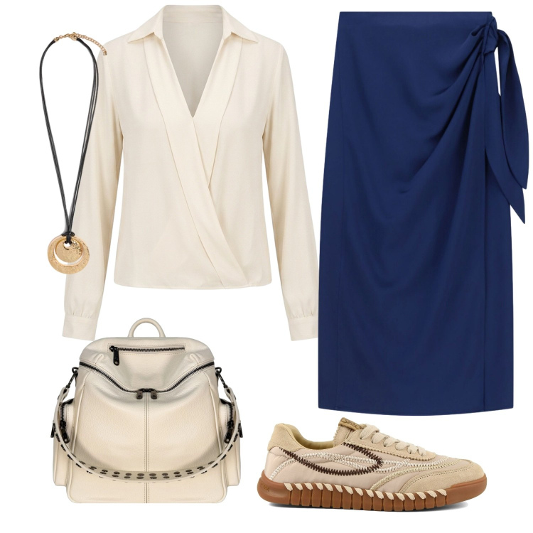 Outfit donna - Aperitivo con le colleghe. Stile Casual chic per Serata fuori. Abbinamento con gonne lunghe, bluse, ciondoli, zaini, sneakers.
