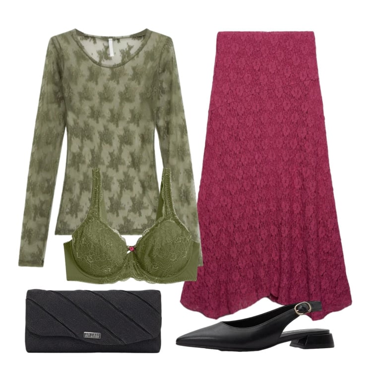Outfit donna - Pizzi al tramonto. Stile Glamour per Serata fuori. Abbinamento con ballerine, reggiseni, bluse, gonne lunghe, pochette.