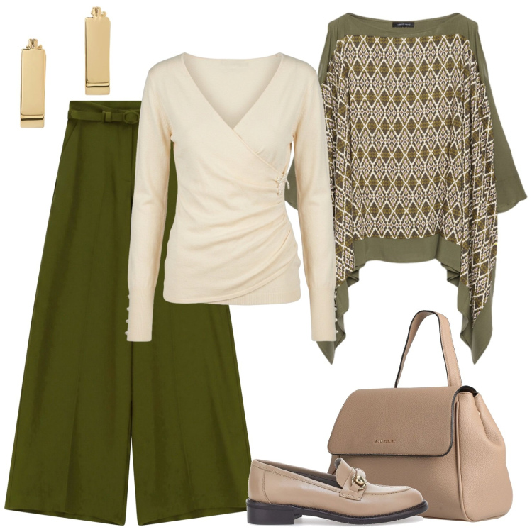 Outfit donna - Verde e beige per l\'aperitivo in centro. Stile Chic per Serata fuori. Abbinamento con zaini, pantaloni a palazzo, bluse, t-shirt, orecchini, mocassini.