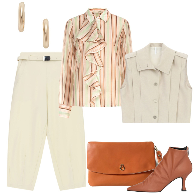 Outfit donna - I pantaloni croped e la camicia a righe. Stile Urban per Serata fuori. Abbinamento con stivaletti, gilet, pantaloni, camicie, pochette, orecchini.