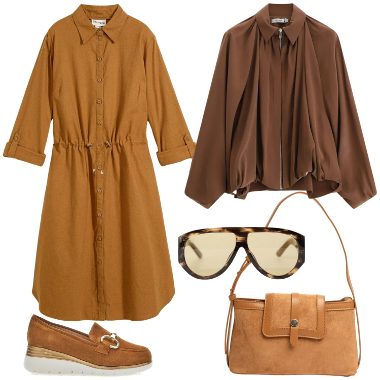 Outfit donna - Lo chemisier con la coulisse in vita. Stile Urban per Tutti i giorni. Abbinamento con vestiti chemisier, occhiali da sole, bomber, borse a tracolla, mocassini.