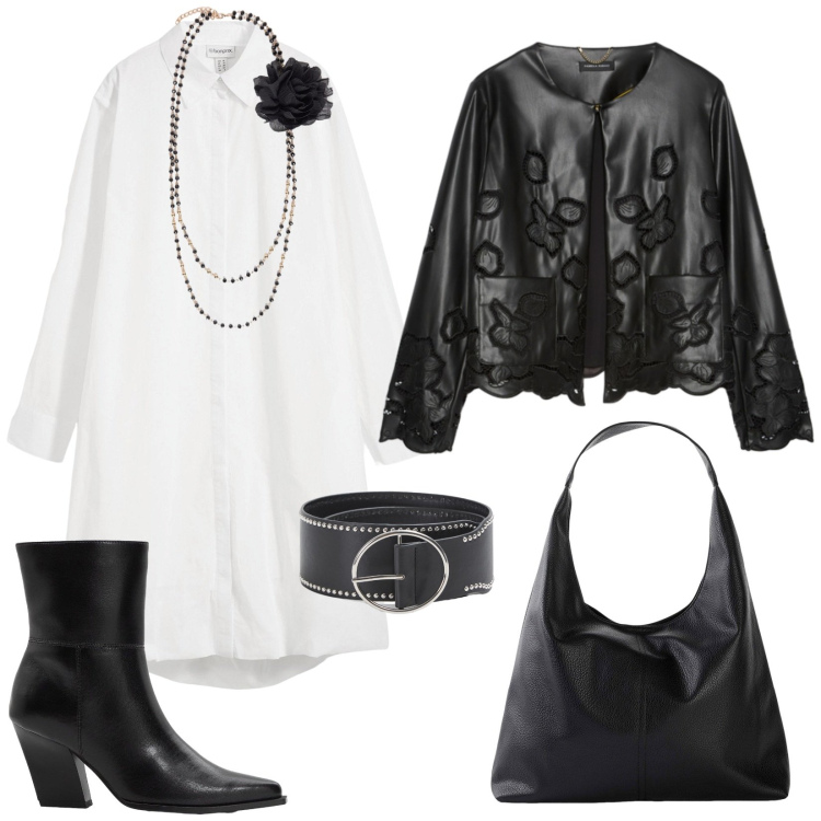 Outfit donna - La giacca in similpelle intagliata. Stile Urban per Tutti i giorni. Abbinamento con vestiti chemisier, shopping bag, stivaletti, cinture, blazer, collane.
