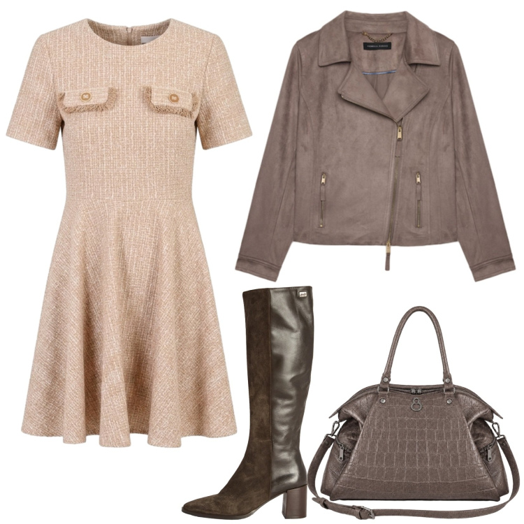 Outfit donna - L\'abito morbido e gli stivali. Stile Chic per Ufficio. Abbinamento con stivali, vestiti corti, giacche, shopping bag.