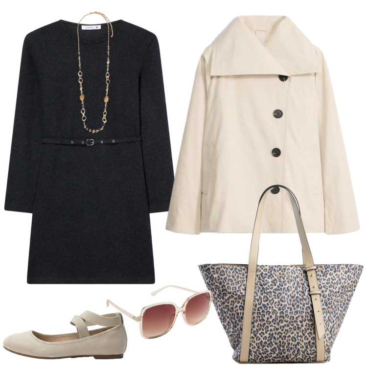 Outfit donna - La borsa animalier. Stile Trendy per Ufficio. Abbinamento con trench, occhiali da sole, shopping bag, ballerine, vestiti midi/longuette, collane.